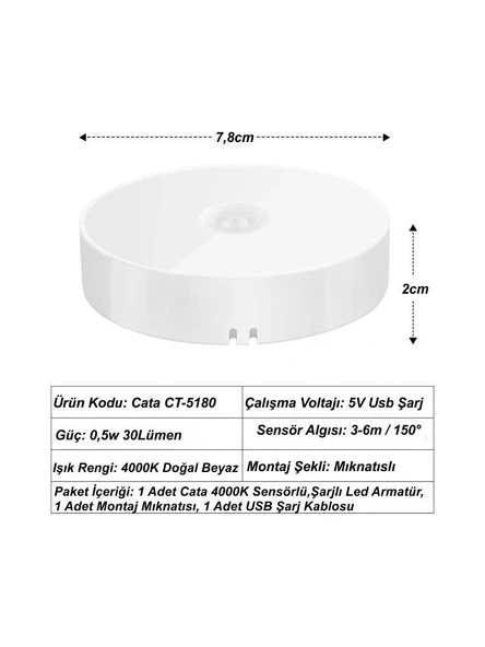 Cata CT-5180 Sensörlü Mıknatıslı LED Işık - 0.6W, Günışığı, Enerji Tasarruflu, 8.3x8.3x2 cm, ABS Gövde, USB ile Şarj Edilebilir, E27 Duy - Resim 5