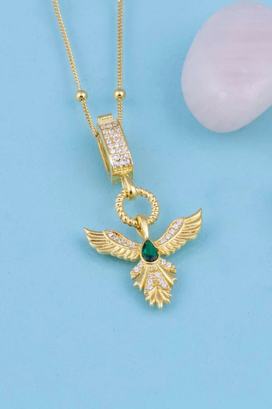 Gümüş Pazarım Zümrüt Taşlı Altın Kaplama Anka Kuşu 925 Ayar Gümüş Kolye - Resim 2