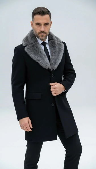 Plus Scorpion Erkek Uzun Kaşe Kaban – Çıkartılabilir Kürk Yaka, Astarlı ve Cepli Slim Fit Mont (Bej, Gri, Siyah, Taba) - 6