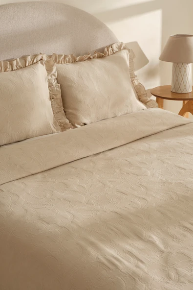 Lavinya %100 Pamuk Çift Kişilik Yatak Örtüsü Takımı Bej - Resim 7