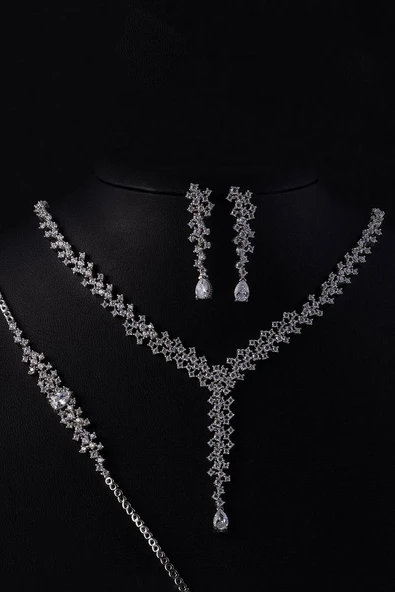 Gümüş Pazarım Pırlanta Montür 4 Tırnaklı Su Yolu 925 Ayar Gümüş Dügün Set - 4