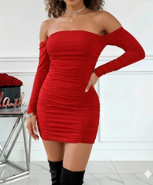 MDB Kadın Uzun Kollu Omuzlardan Açık Takma Kollu Büzgülü Sandy Kısa Elbise ürün görseli 1