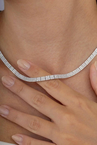 Gümüş Pazarım Beyaz Altın Kaplama 3 Sıra Su Yolu 925 Ayar Gümüş Kolye - 2