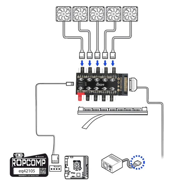Ropcomp 10 Port Fan Power Hub SATA Güçlü PWM Switch Çoklayıcı - Resim 5