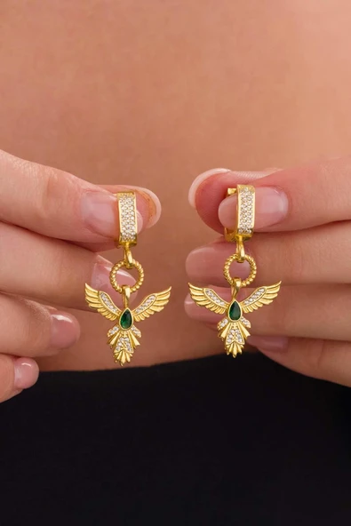 Gümüş Pazarım Zümrüt Taşlı Altın Kaplama Anka Kuşu 925 Ayar Gümüş Küpe