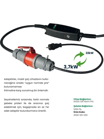 Viego Taşınabilir Elektrikli Araç Trifaze Şarj Cihazı 11/22KW Ilave Ev Prizi Dönüştürücülü - Resim 3