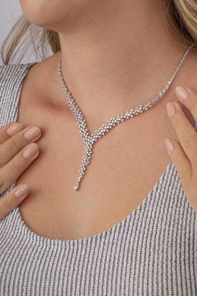 Gümüş Pazarım Pırlanta Montür 4 Tırnaklı Su Yolu 925 Ayar Gümüş Kolye - Resim 2