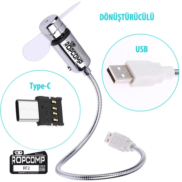 Ropcomp Mini USB LED Fan + Type-C Dönüştürücü - Resim 4