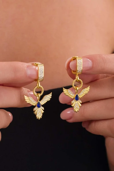 Gümüş Pazarım Safir Taşlı Altın Kaplama Anka Kuşu 925 Ayar Gümüş Küpe