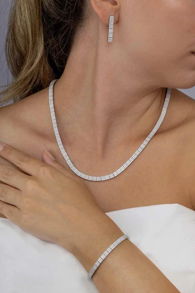 Gümüş Pazarım Beyaz Altın Kaplama 3 Sıra Su Yolu 925 Ayar Gümüş Düğün Seti