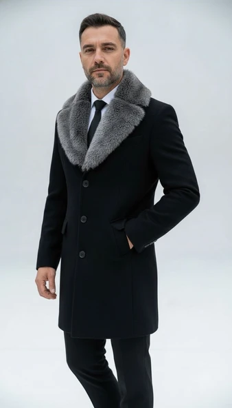 Plus Scorpion Erkek Uzun Kaşe Kaban – Çıkartılabilir Kürk Yaka, Astarlı ve Cepli Slim Fit Mont (Bej, Gri, Siyah, Taba) - 8