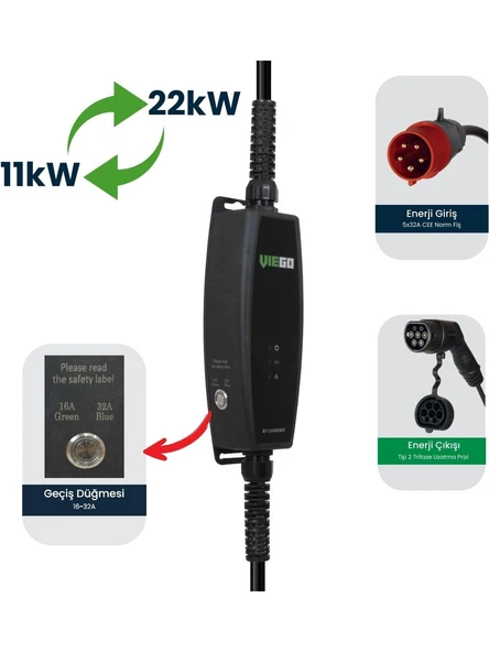 Viego Taşınabilir Elektrikli Araç Şarj Cihazı: 11/22KW Tip 2 16/32 Amper, Dönüştürücü Fiş Hediyeli 5 mt Şarj Kablosu, Cee 3 Fazlı Fiş - Resim 2