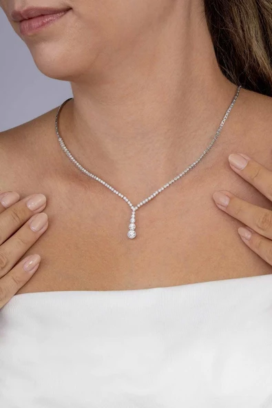 Gümüş Pazarım Pırlanta Montür Yuvarlak Kesim Su Yolu Gümüş Kolye - 3