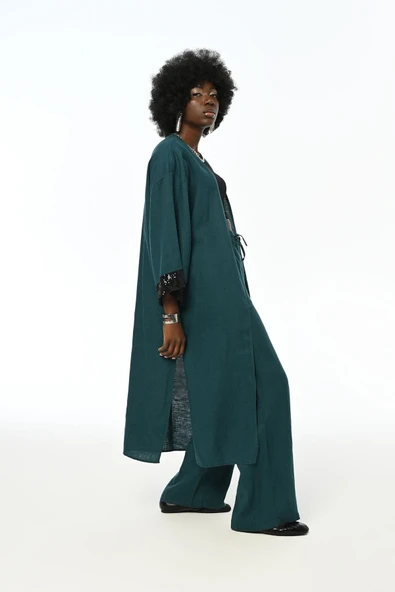 KOLLARI PAYET İŞLEMELİ %100 KETEN PETROL RENK UZUN KİMONO CEKET - 7