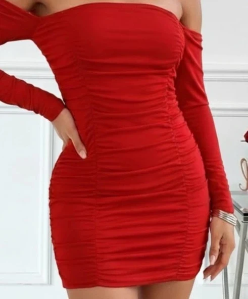 MDB Kadın Uzun Kollu Omuzlardan Açık Takma Kollu Büzgülü Sandy Kısa Elbise - Resim 2