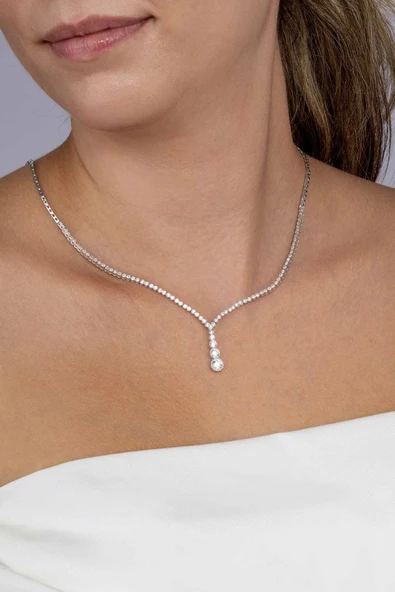 Gümüş Pazarım Pırlanta Montür Yuvarlak Kesim Su Yolu Gümüş Kolye - 2