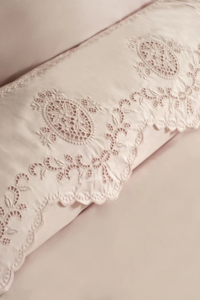 Chole Brodeli %100 Pamuk Çift Kişilik Nevresim Takımı Pudra - Resim 3