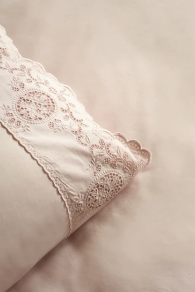 Chole Brodeli %100 Pamuk Çift Kişilik Nevresim Takımı Pudra - Resim 6