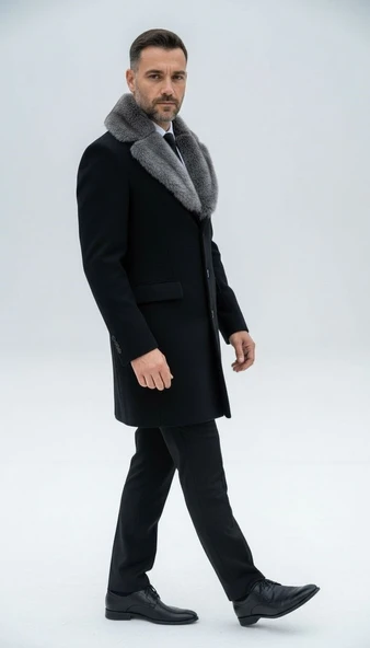 Plus Scorpion Erkek Uzun Kaşe Kaban – Çıkartılabilir Kürk Yaka, Astarlı ve Cepli Slim Fit Mont (Bej, Gri, Siyah, Taba) - 2