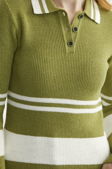 Polo Yaka Fitilli Triko Kazak - Yeşil - Resim 5