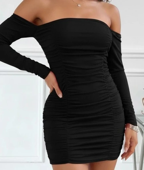 MDB Kadın Uzun Kollu Omuzlardan Açık Takma Kollu Büzgülü Sandy Kısa Elbise - Resim 2