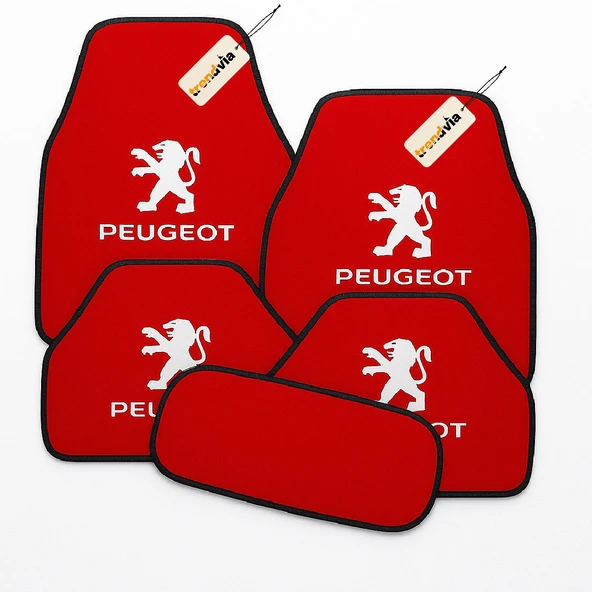 Kırmızı Renk Peugeot Araçlar İçin 5 Parça Halı Oto Paspas  Kaymaz ve Dayanıklı Zemin Koruma Seti