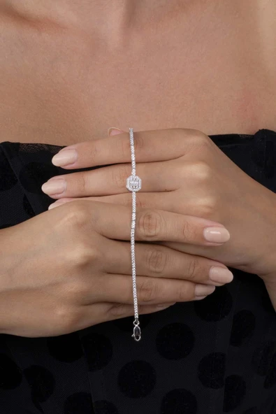 Gümüş Pazarım Baget Taşlı Rodyum Kaplama 925 Ayar Gümüş Bileklik - 3