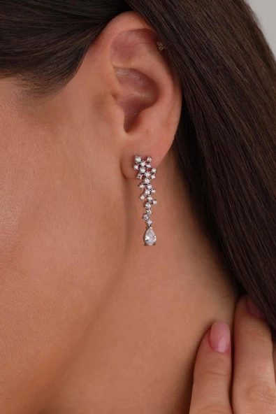 Gümüş Pazarım Pırlanta Montür 4 Tırnaklı Su Yolu 925 Ayar Küpe - Resim 3