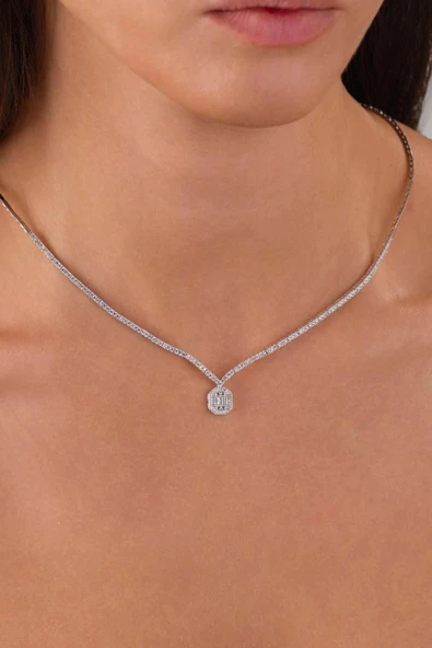 Gümüş Pazarım Baget Taşlı Rodyum Kaplama 925 Ayar Gümüş Kolye ürün görseli 1