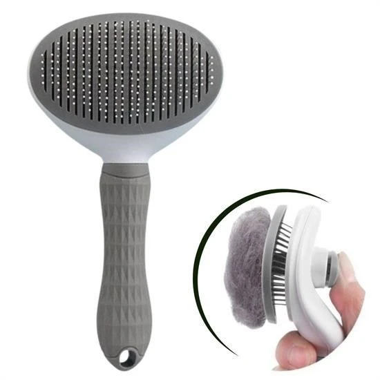 BUFFER® Kedi Köpek Tüy Toplayıcı Kendini Temizleyebilen Ergonomik Rahat Evcil Hayvan Tarağı Gri ürün görseli