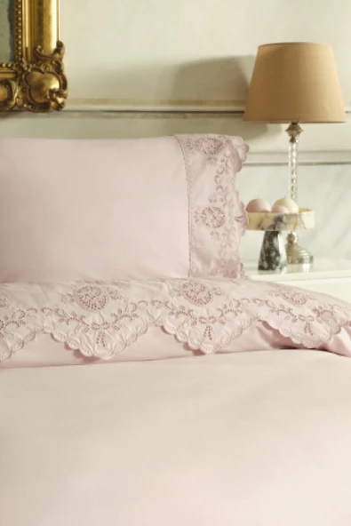 Chole Brodeli %100 Pamuk Çift Kişilik Nevresim Takımı Pudra - Resim 2