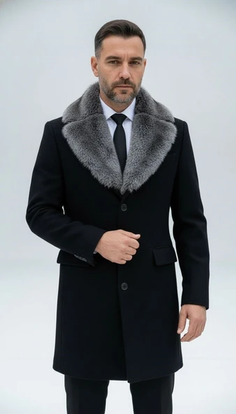 Plus Scorpion Erkek Uzun Kaşe Kaban – Çıkartılabilir Kürk Yaka, Astarlı ve Cepli Slim Fit Mont (Bej, Gri, Siyah, Taba) - 3