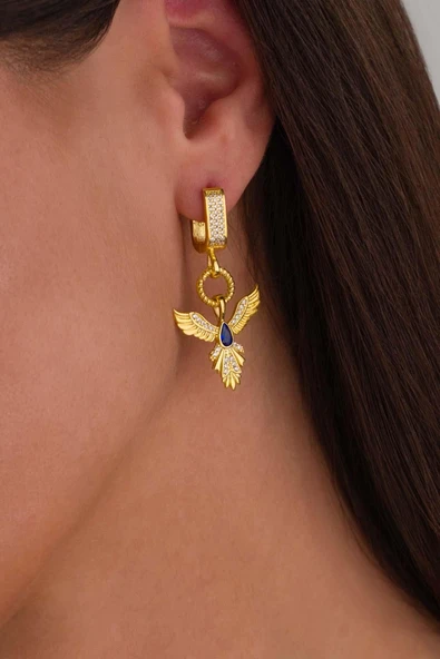 Gümüş Pazarım Safir Taşlı Altın Kaplama Anka Kuşu 925 Ayar Gümüş Küpe - 2