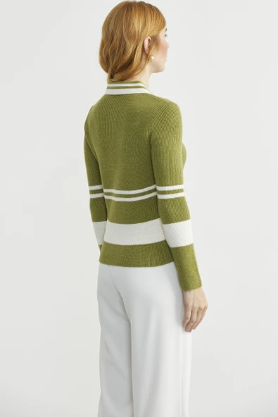 Polo Yaka Fitilli Triko Kazak - Yeşil - Resim 6