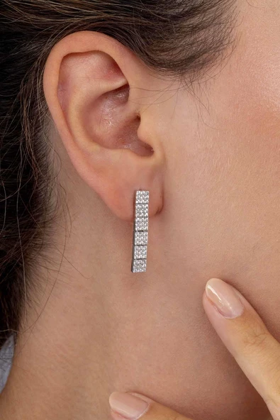 Gümüş Pazarım Beyaz Altın Kaplama 3 Sıra Su Yolu 925 Ayar Gümüş Küpe - 3