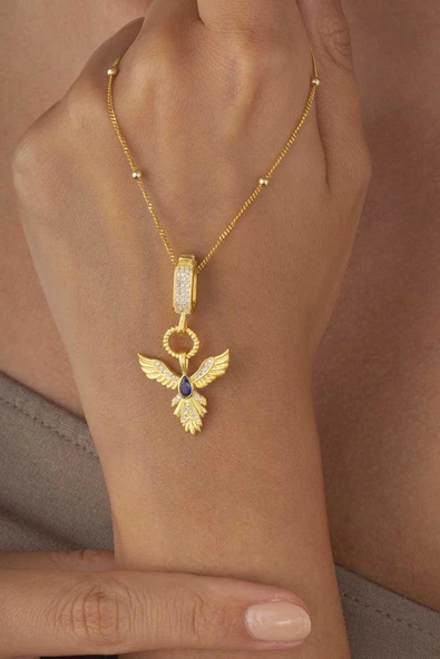 Gümüş Pazarım Safir Taşlı Altın Kaplama Anka Kuşu 925 Ayar Gümüş Kolye ürün görseli 1