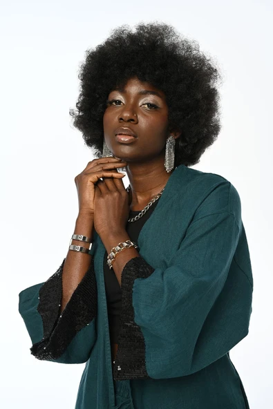 KOLLARI PAYET İŞLEMELİ %100 KETEN PETROL RENK UZUN KİMONO CEKET - 3