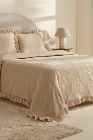 Lavinya %100 Pamuk Çift Kişilik Yatak Örtüsü Takımı Bej - Resim 5