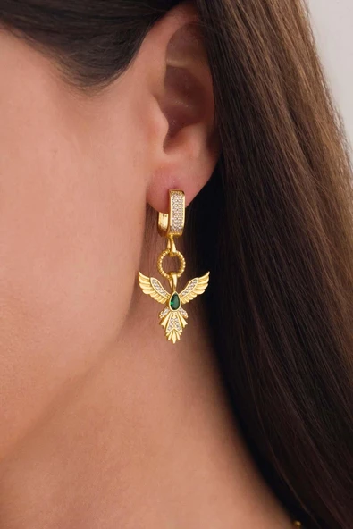 Gümüş Pazarım Zümrüt Taşlı Altın Kaplama Anka Kuşu 925 Ayar Gümüş Küpe - 2