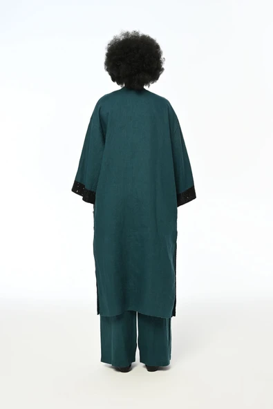 KOLLARI PAYET İŞLEMELİ %100 KETEN PETROL RENK UZUN KİMONO CEKET - 9