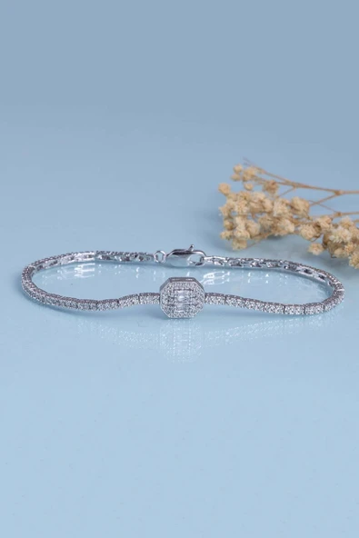 Gümüş Pazarım Baget Taşlı Rodyum Kaplama 925 Ayar Gümüş Bileklik - 4