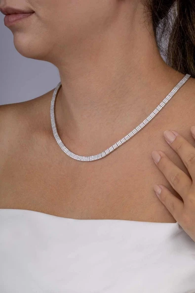 Gümüş Pazarım Beyaz Altın Kaplama 3 Sıra Su Yolu 925 Ayar Gümüş Kolye - 3