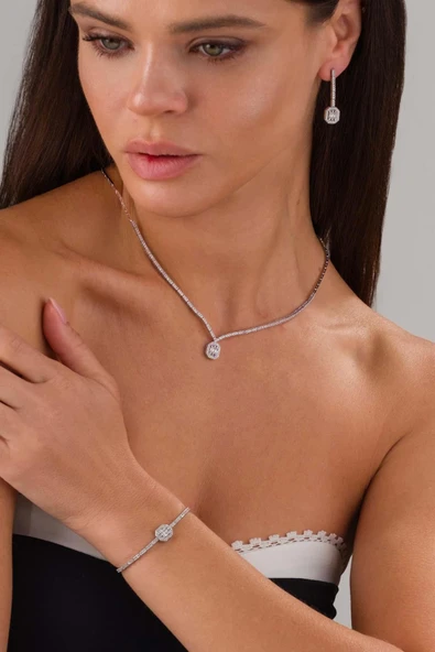 Gümüş Pazarım Baget Taşlı Rodyum Kaplama 925 Ayar Gümüş Düğün Seti