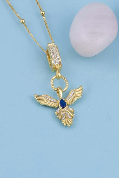 Gümüş Pazarım Safir Taşlı Altın Kaplama Anka Kuşu 925 Ayar Gümüş Kolye - Resim 4