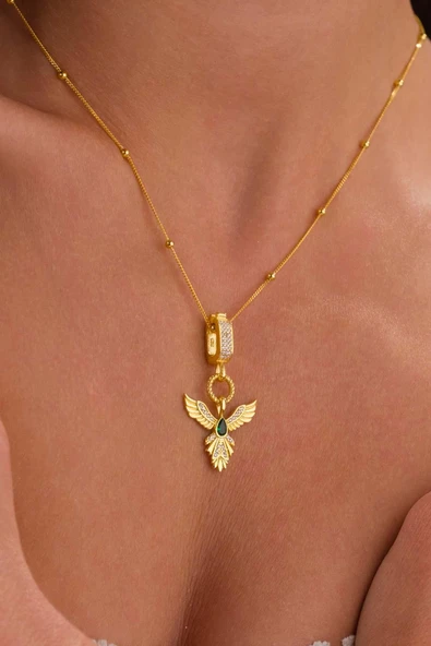 Gümüş Pazarım Zümrüt Taşlı Altın Kaplama Anka Kuşu 925 Ayar Gümüş Kolye ürün görseli 1