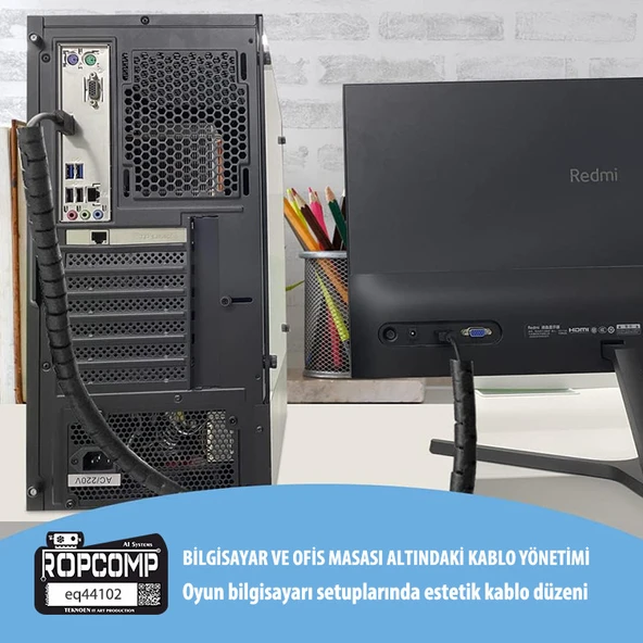 Ropcomp Spiral Kablo Kanalı Kablo Düzenleyici Toplayıcı Tutucu 1.5M 28mm (Siyah) - Resim 2