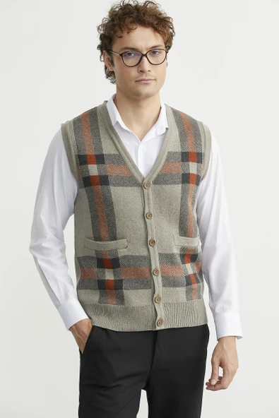 Düğmeli Yünlü Kalın Triko Yelek - Vizon - Resim 2