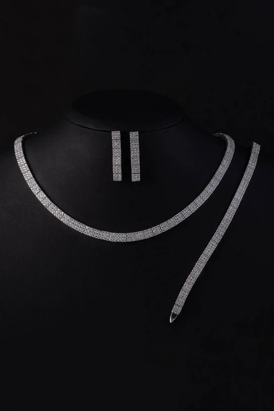 Gümüş Pazarım Beyaz Altın Kaplama 3 Sıra Su Yolu 925 Ayar Gümüş Düğün Seti - 4