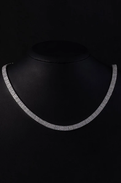 Gümüş Pazarım Beyaz Altın Kaplama 3 Sıra Su Yolu 925 Ayar Gümüş Kolye - 4