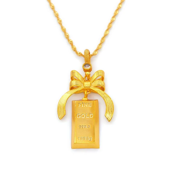 Altın Kaplama Kurdeleli Külçe Altın Kolye Ucu TGR-726 - Resim 3